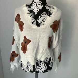 Just Polly NY Teddy Bear Sweater Women's Medium V-Neck Fray Frilly Knit